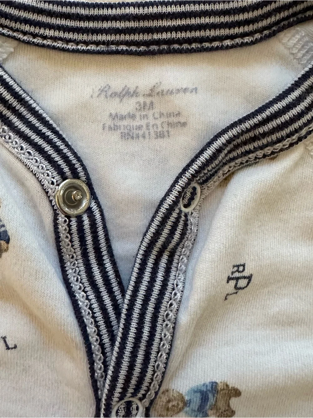 Ralph Lauren Cream Footed One-Piece with Blue Bear & Navy Trim
